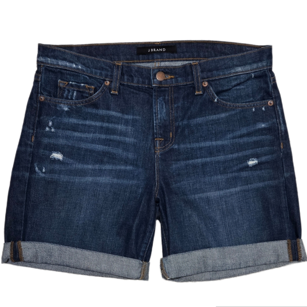 J Brand High Rise Cuffed Denim Shorts Distresswd Synthesis Indigo Blue Size 27